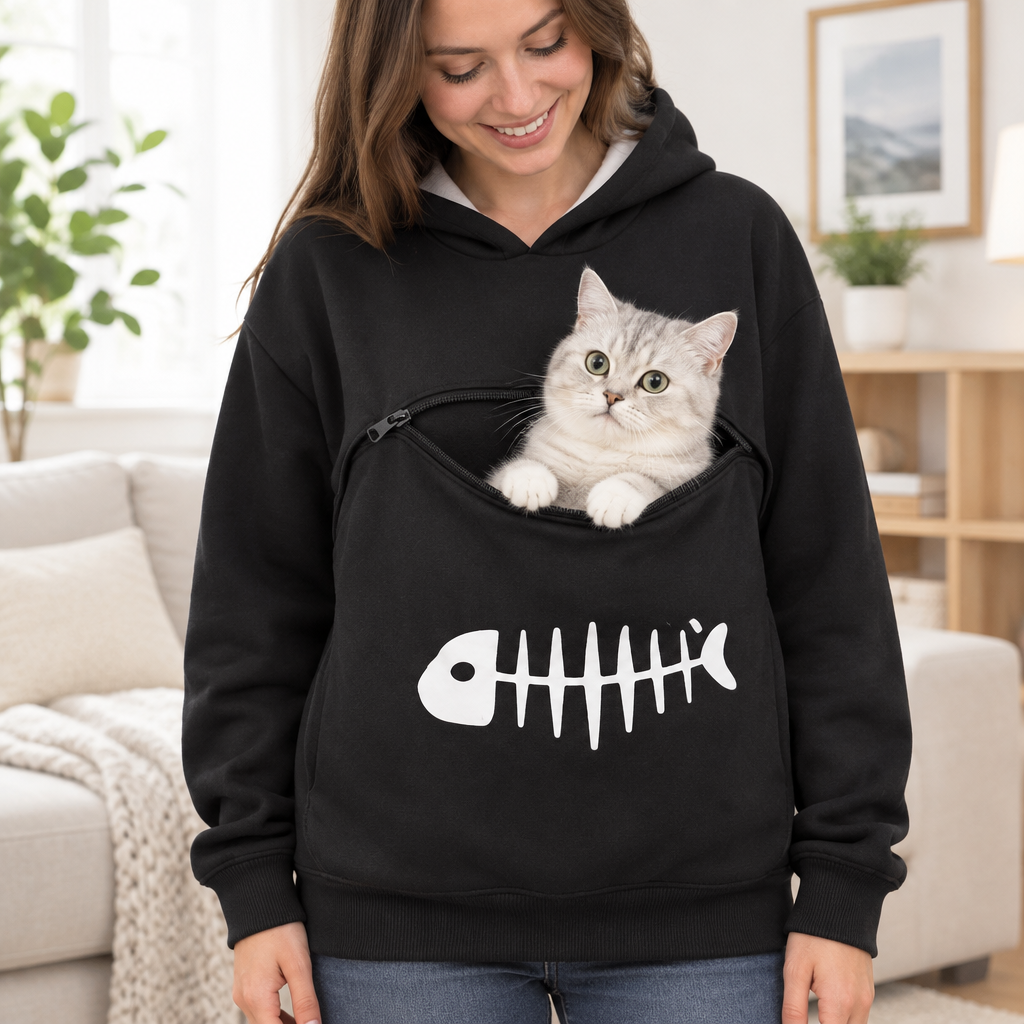 Cat Carrier Hoodie showing cat fit and pouch scale